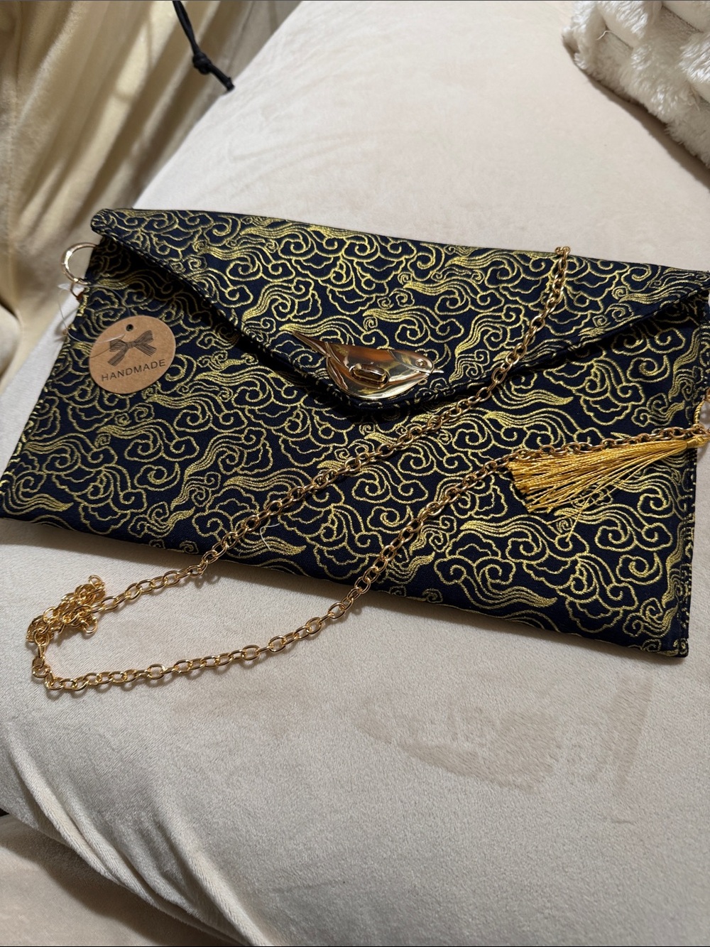 Handmade navy and Gold Embroidered Envelope Clutch with Chain